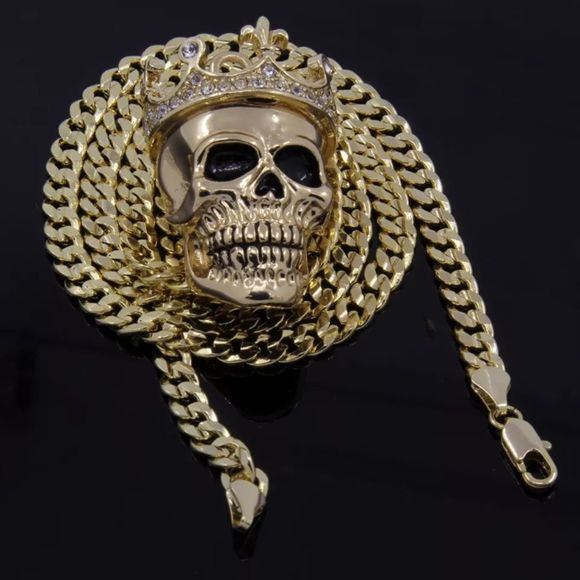 14K Iced Out Skull & 24” Cuban Link Chain - Picture 3 of 4